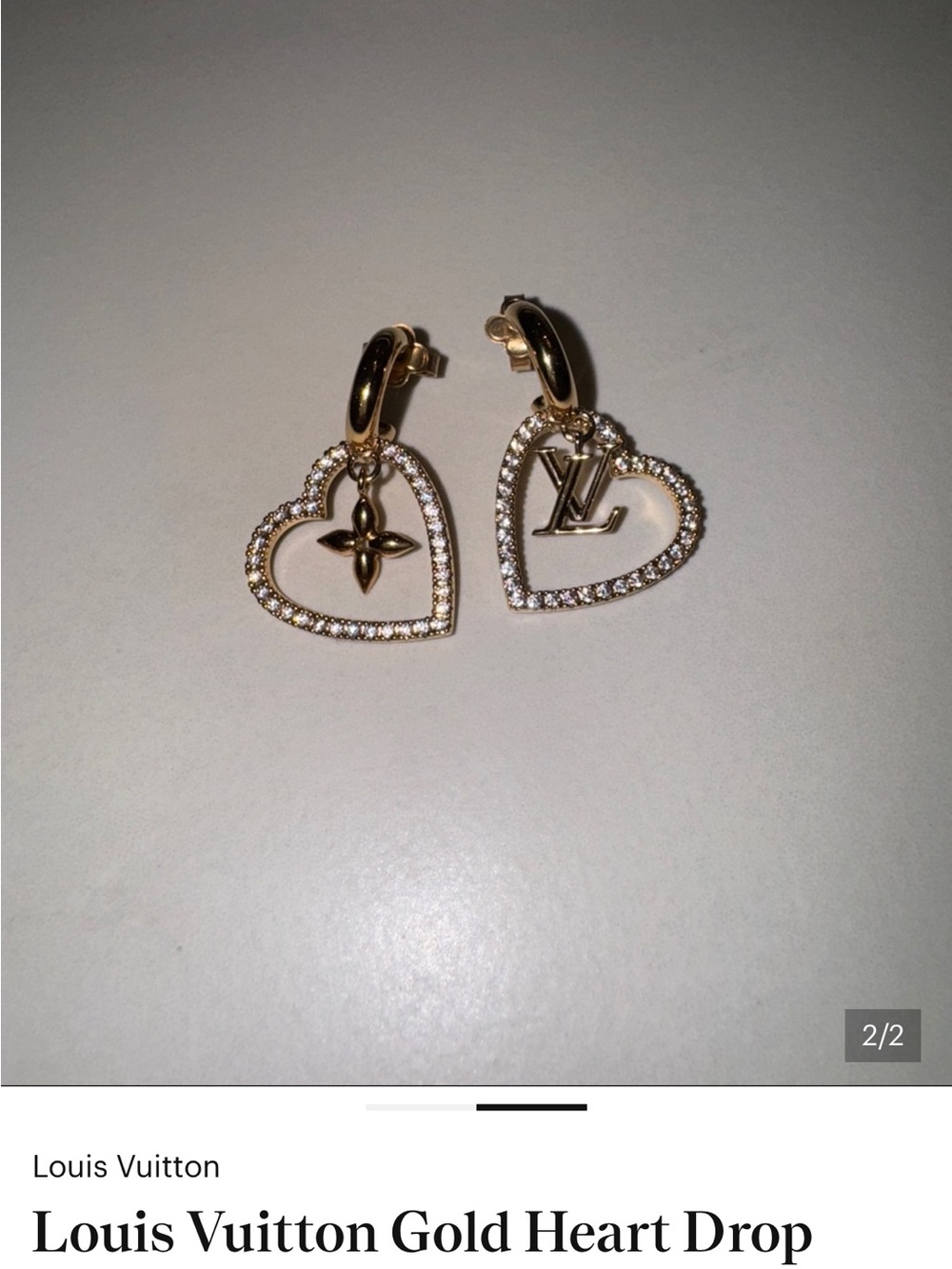 Louis Vuitton Gold Heart Drop Earrings with Pavé Accents - Picture 2 of 2